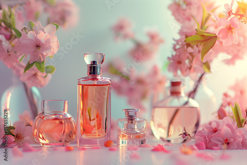 glass bottle for perfume Surrounded by beautiful Flowers generated by AI