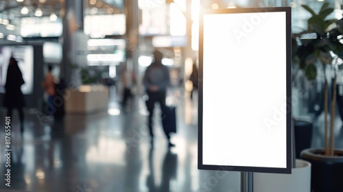 Blank white vertical billboard standing in a busy airport hall with people walking by and blurred background