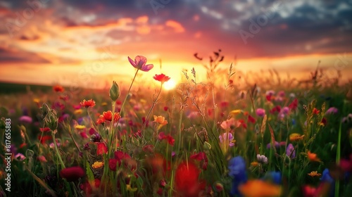 Beautiful breathtaking sunrise landscape in a floral meadow with colorful wild flowers at dawn