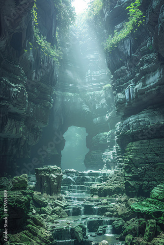 A mysterious cave entrance with rugged rock formations  dimly lit by natural sunlight filtering in from above  with a dark  deep interior