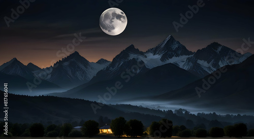 a full moon is seen over the mountains