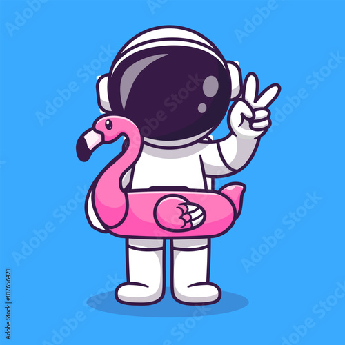 Cute Astronaut Wearing Flamingo Tires And Peace Sign 
Cartoon Vector Icon Illustration. Science Holiday Icon 
Concept Isolated Premium Vector. Flat Cartoon Style