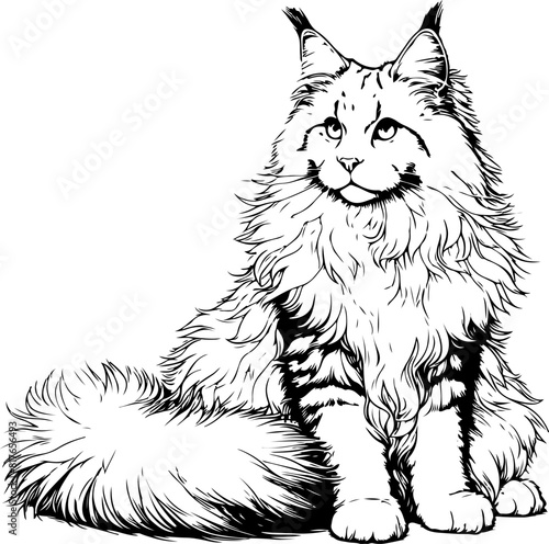 Maine Coon cat, line drawing