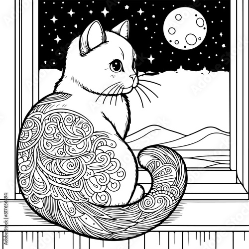 cat sitting on the window coloring book