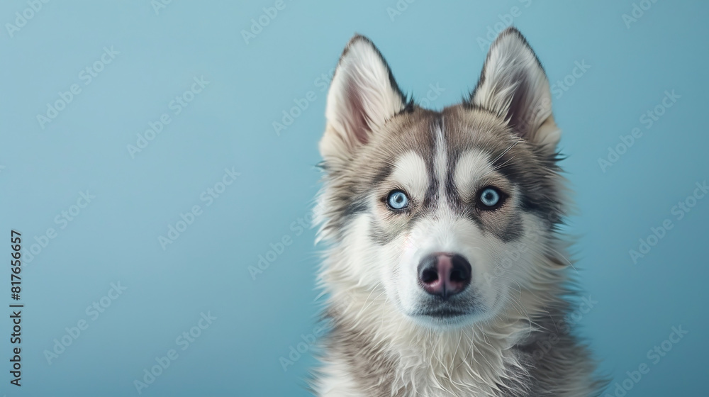 A cute siberian husky looking at the camera, on a solid light blue background, A cute siberian husky looking at the camera, on a solid light blue background,