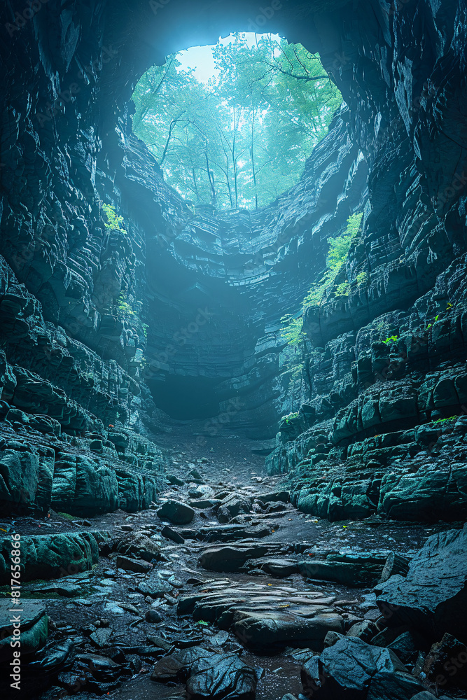 A mysterious cave entrance with rugged rock formations, dimly lit by natural sunlight filtering in from above, with a dark, deep interior A mysterious cave entrance with rugged rock formations, dimly lit by natural sunlight filtering in from above, with a dark, deep interior