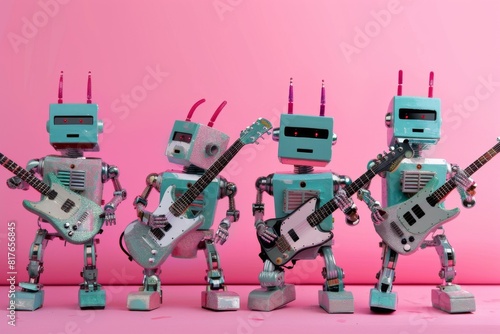 Four robots are playing guitars and standing in a row.
