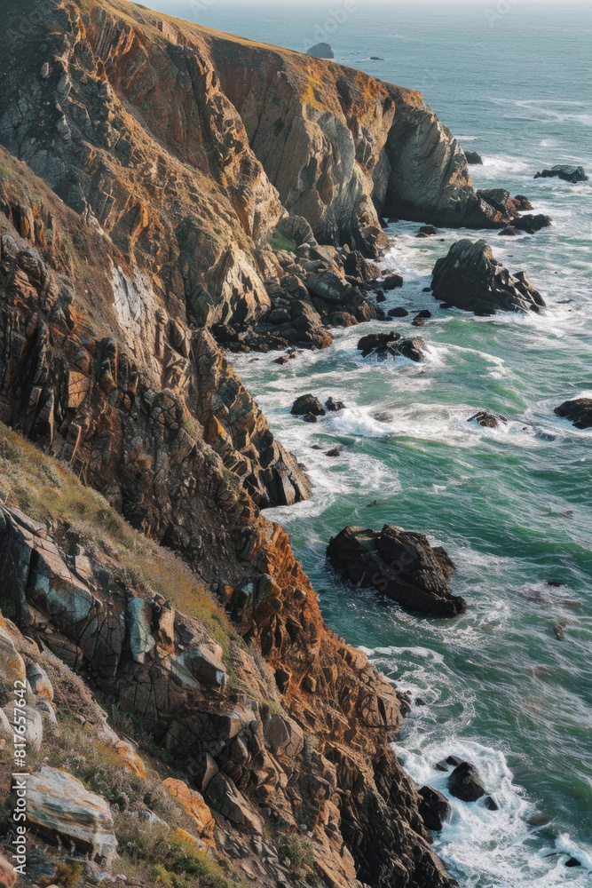 An aerial view of a rocky coastline, with waves crashing against the rugged cliffs, showcasing the contrast between smooth and rough textures. An aerial view of a rocky coastline, with waves crashing against the rugged cliffs, showcasing the contrast between smooth and rough textures.