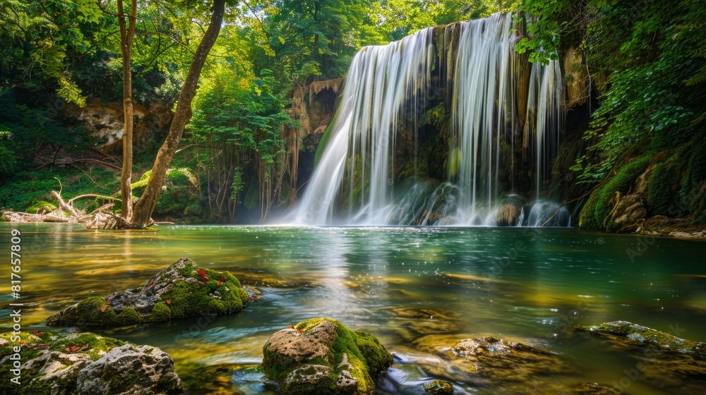 Obraz premium A multi-tiered waterfall cascading through a lush rainforest, panoramic view capturing its full grandeur