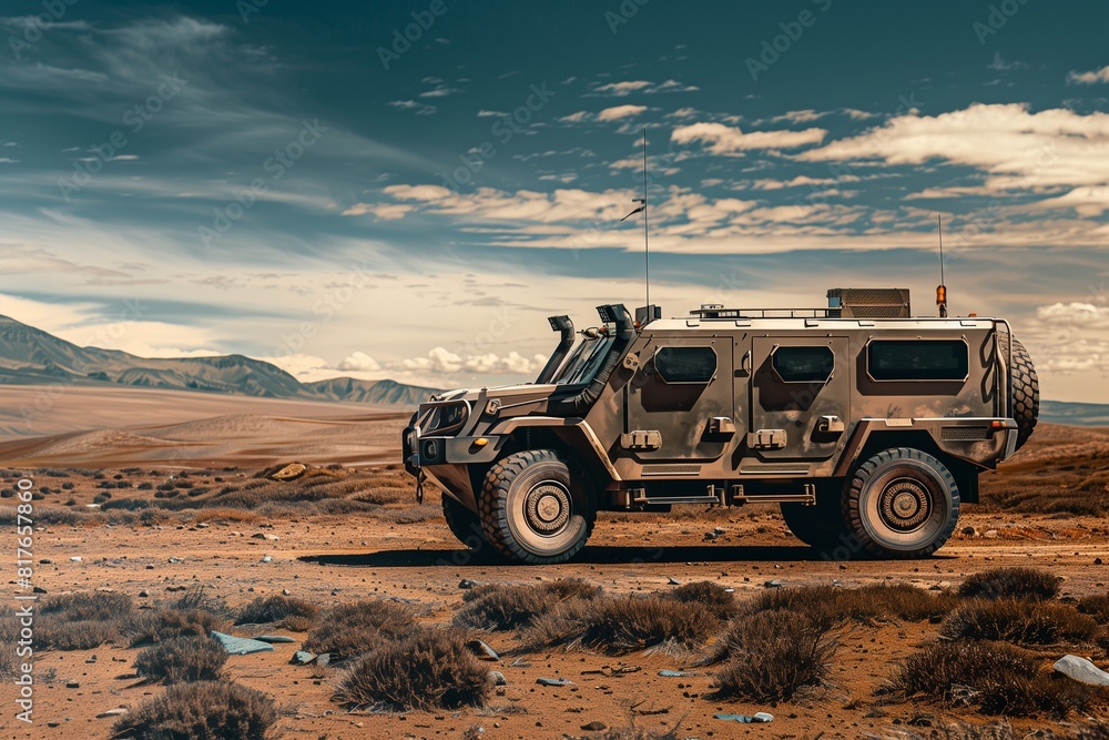 Fototapeta premium Platinum armored vehicle on a patrol in a conflict zone, left side for copy space.