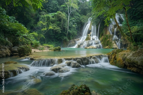A multi-tiered waterfall cascading through a lush rainforest  panoramic view capturing its full grandeur