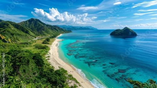 A panoramic view of a long, pristine beach stretching towards the horizon, flanked by lush green hills and crystal-clear turquoise water