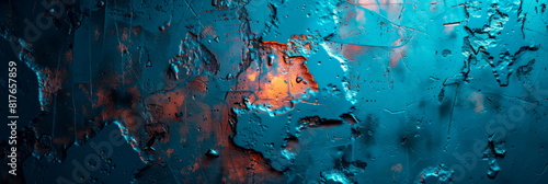 weathered steel surface with scratches  rust  and oil stains  reflecting a neon blue light. Gritty and textured.
