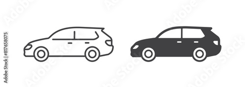 Crossover car icons in line and solid styles, flat vector pictograms. Black and white designs ideal for versatile urban and off-road use.