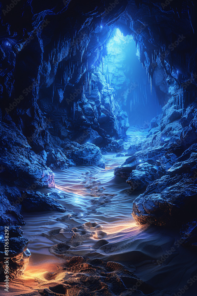 A dimly lit cave entrance with intricate rock formations and a sandy floor, bathed in a warm glow from above, leading into the dark unknown A dimly lit cave entrance with intricate rock formations and a sandy floor, bathed in a warm glow from above, leading into the dark unknown