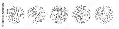 Circular wood rings or topographic map lines texture set. Wood tree topographic abstract lines collection flat style design vector illustration contour isolated pattern design.