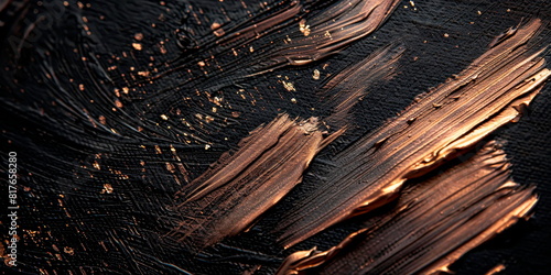 Rose gold brushstrokes on a black canvas, abstract, metallic sheen