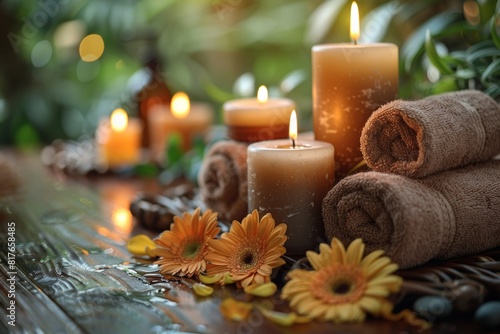 Relaxing spa treatment with candles and flowers.