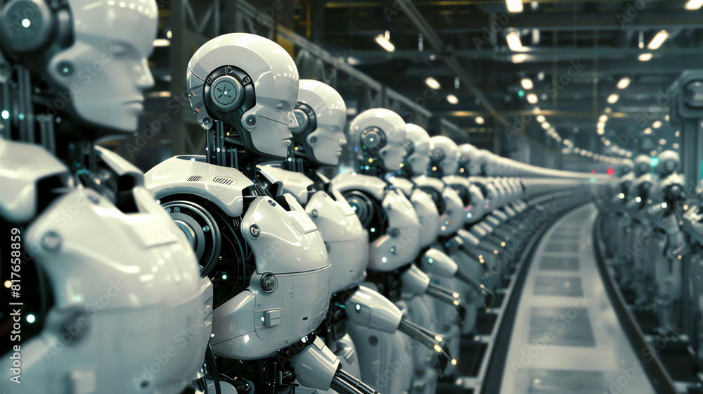 Line of humanoid robots in a futuristic factory setting during the day Line of humanoid robots in a futuristic factory setting during the day