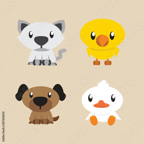 Cute illustration of Farm Animals Cats  Chicks  Dogs  and Ducks