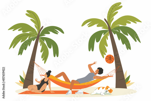 a man and a woman laying in a hammock under palm trees