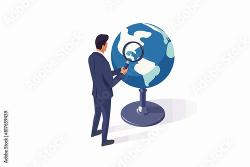 a man looking at a globe through a magnifying glass