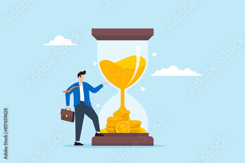 Flat illustration of businessman standing by coins in hourglass time is money investments value