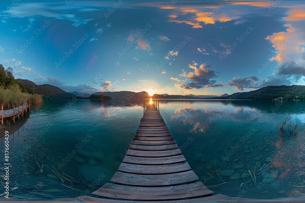Obraz premium 360 degree HDRI panorama on wooden pier by lake at dusk in VR content
