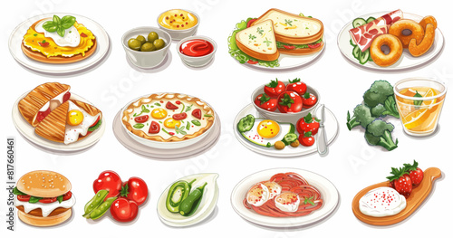 a bunch of plates of food on a white background