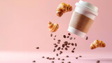 Coffee Break Concept with Floating Elements on Pink