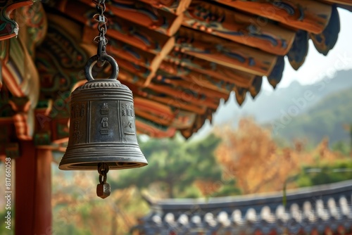 A bell hanging from a building s eaves photo