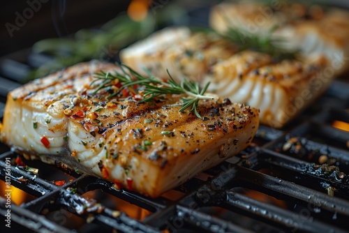 Halibut fish fillet sizzling on a grill, appealing to cooking enthusiasts. 