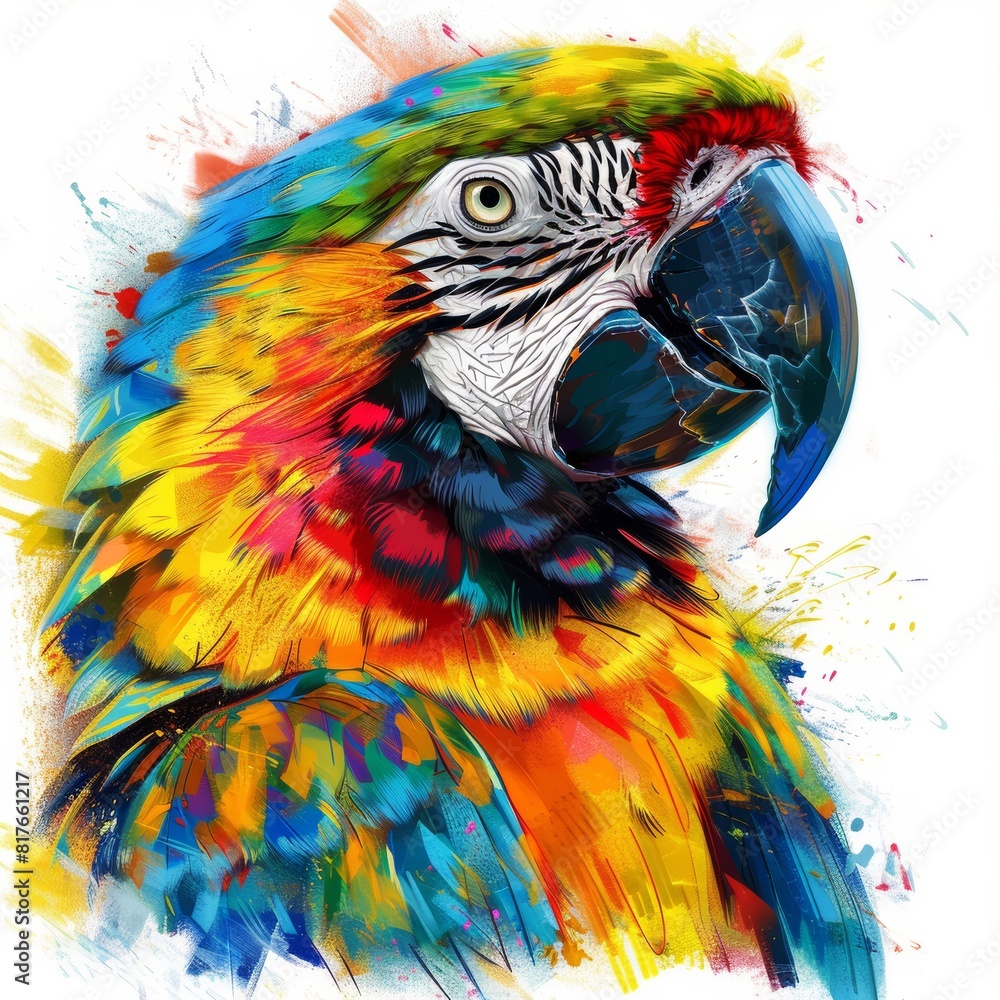 Obraz premium draft sketch of a parrot, place all features in the middle,use many colors, spray paint graffiti style, brush strokes, isolated white background