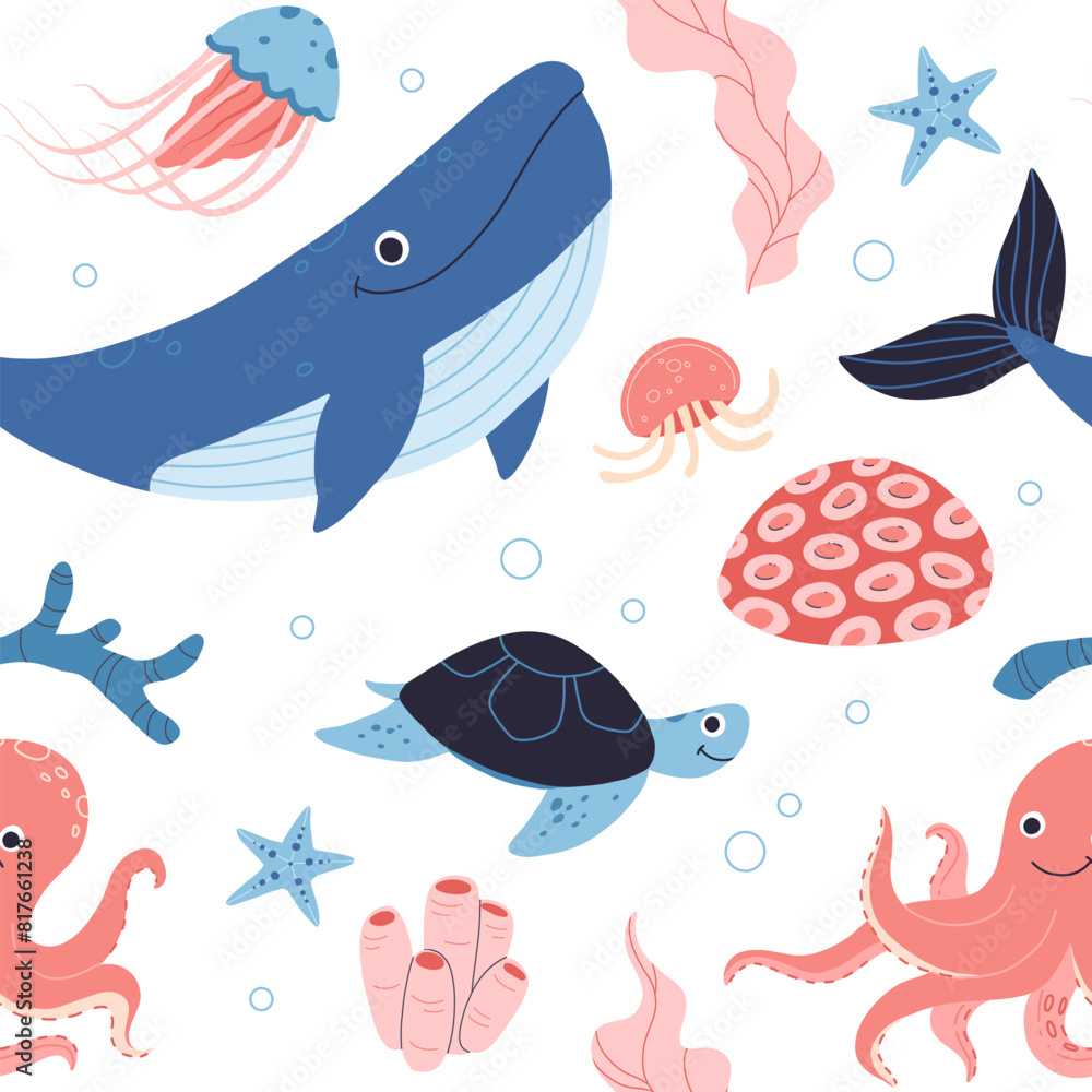 Obraz premium Sea animals, fish, whale, jellyfish, shell, coral and seaweed, crab, starfish. Seamless pattern of hand drawn sea life creatures and elements. Vector doodle cartoon set of marine life objects.