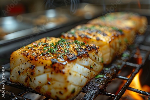 Halibut fish fillet sizzling on a grill, appealing to cooking enthusiasts.  photo