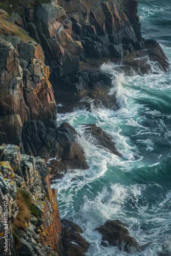 An aerial view of a rocky coastline  with waves crashing against the rugged cliffs  showcasing the contrast between smooth and rough textures. 