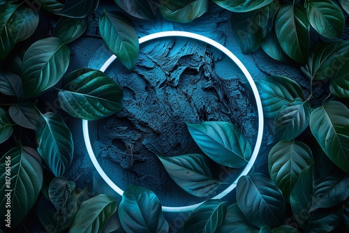 Blue neon light forming a circle on verdant jungle leaves. Generative Ai