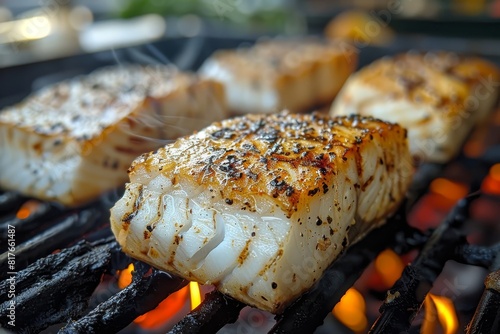 Halibut fish fillet sizzling on a grill, appealing to cooking enthusiasts.  photo