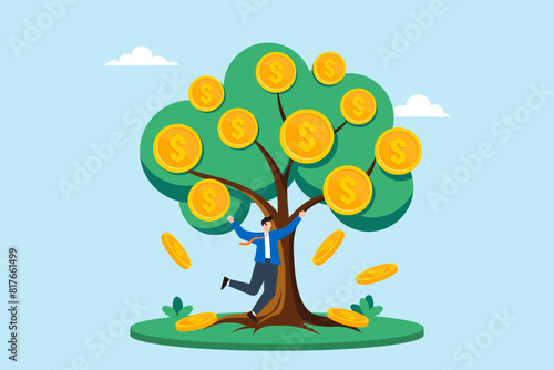 Flat illustration of happy businessman jumping by money tree falling gold coins investments natural growth