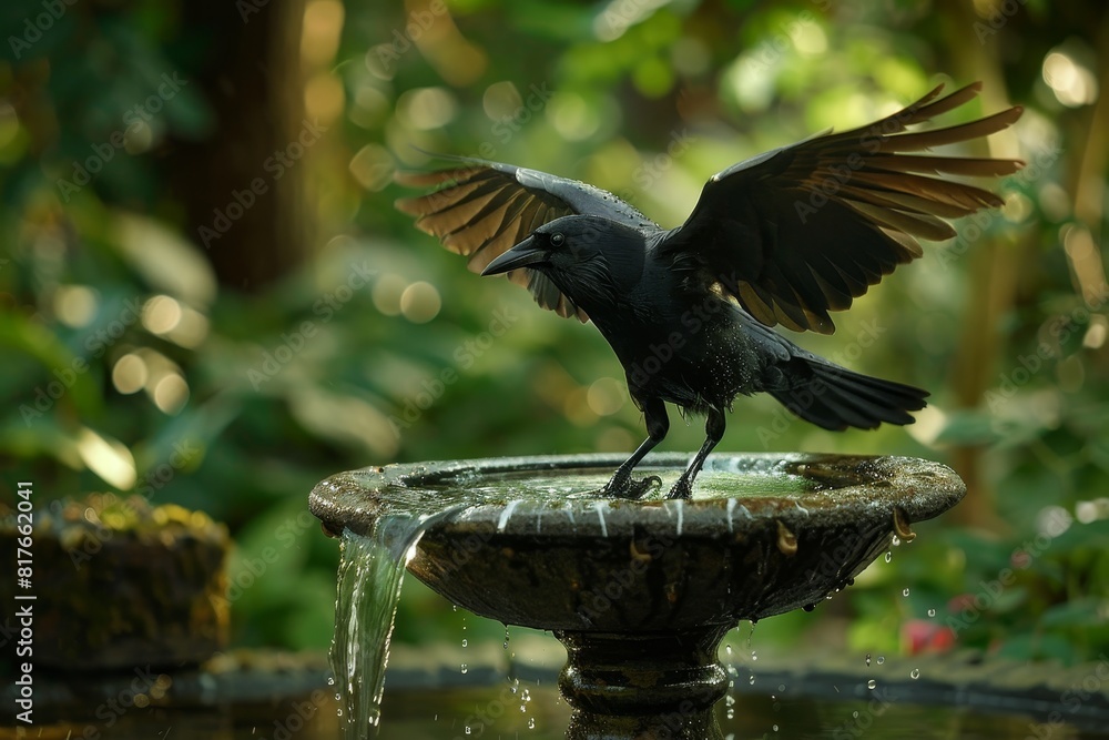 Fototapeta premium A large dark bird perches on the birdbath