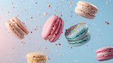 Floating Macaroons with Colorful Sprinkles in Mid-Air