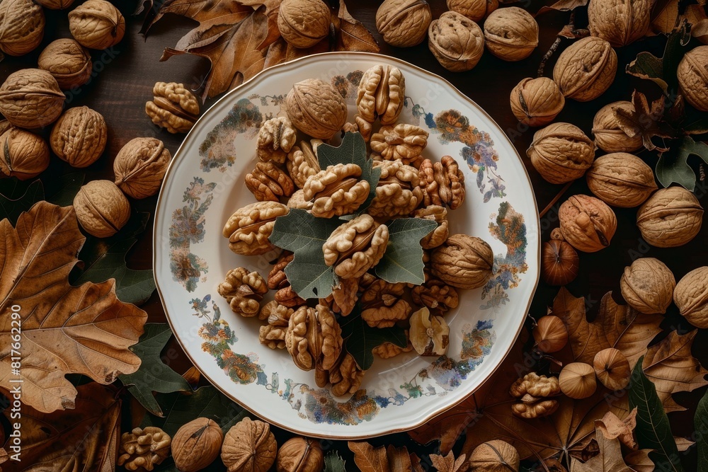 A plate of walnuts in a circle of walnuts A plate of walnuts in a circle of walnuts