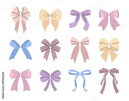 Big set of hand drawn bows and ribbons for gifts. Hair ornaments. Vector illustration.