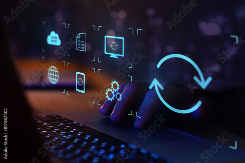 Картината върху платно update or synchronization concept, software upgrade icon on virtual screen
