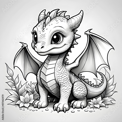 adorable baby dragon illustration for coloring book, coloring book, ai generated