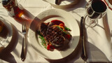 Elegant Steak Dinner with Wine on a Sunny Table