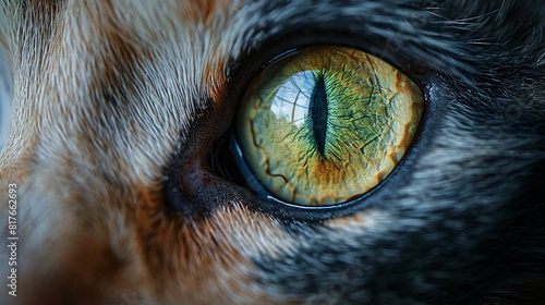A detailed view of a felines eye  showing the intricate iris  pupil  and reflective tapetum lucidum