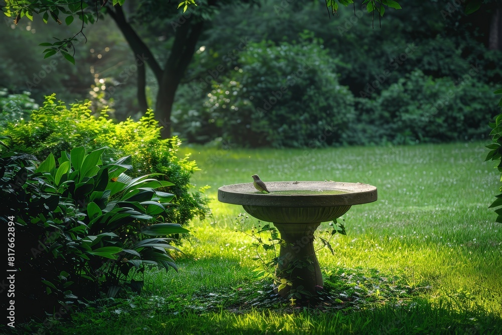 A wooden bird bath in a green field surrounded by bushes and trees with filtered sunlight A wooden bird bath in a green field surrounded by bushes and trees with filtered sunlight