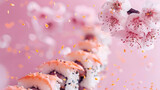 Elegant Sushi Pieces with Cherry Blossoms Over Pink