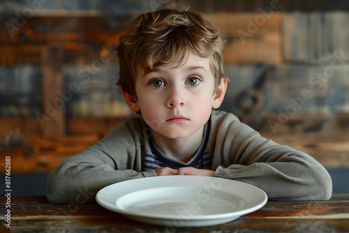 Young boy kid in front of an empty plate , starvation and undernutrition concept image for topic related to child nutritional deficiencies photo